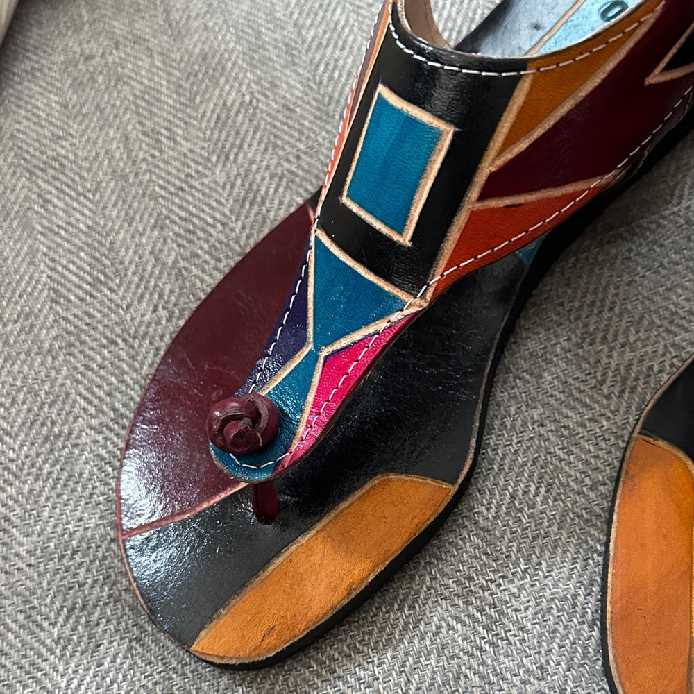 Genuine Tooled Leather Multicolor Geometric Women's Sandals - Picture 4 of 9